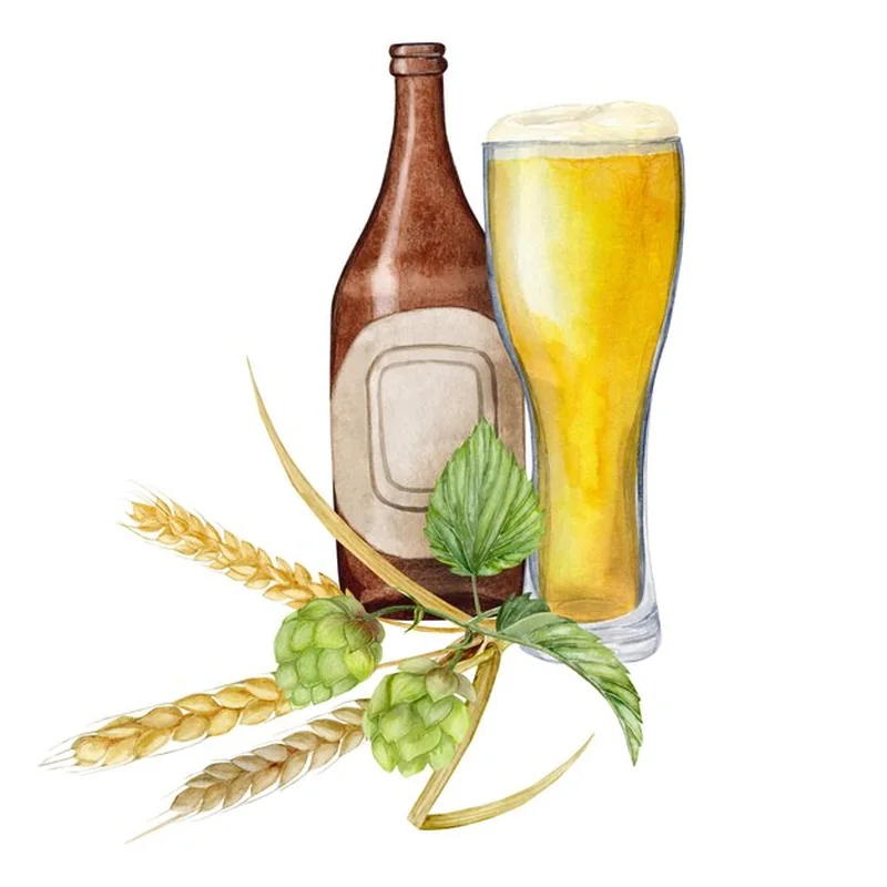 Ilustracja butelki piwa z szklanką, chmielem i słodem