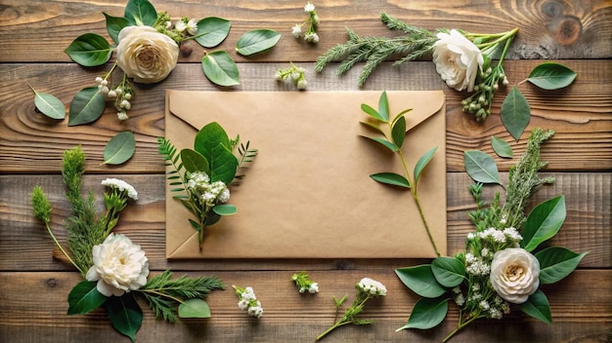 Drewniany stół z kwiatami i kartką 