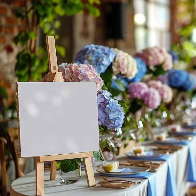 Stół z kwiatami i białą tablicą z napisem "kwiatów