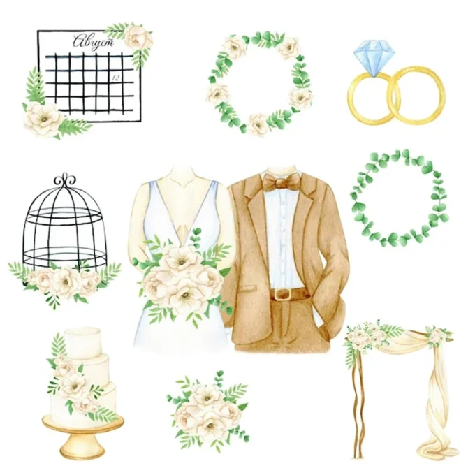 Akwarelowa ilustracja ślubnego wystrój z panem młodym i panną młodą